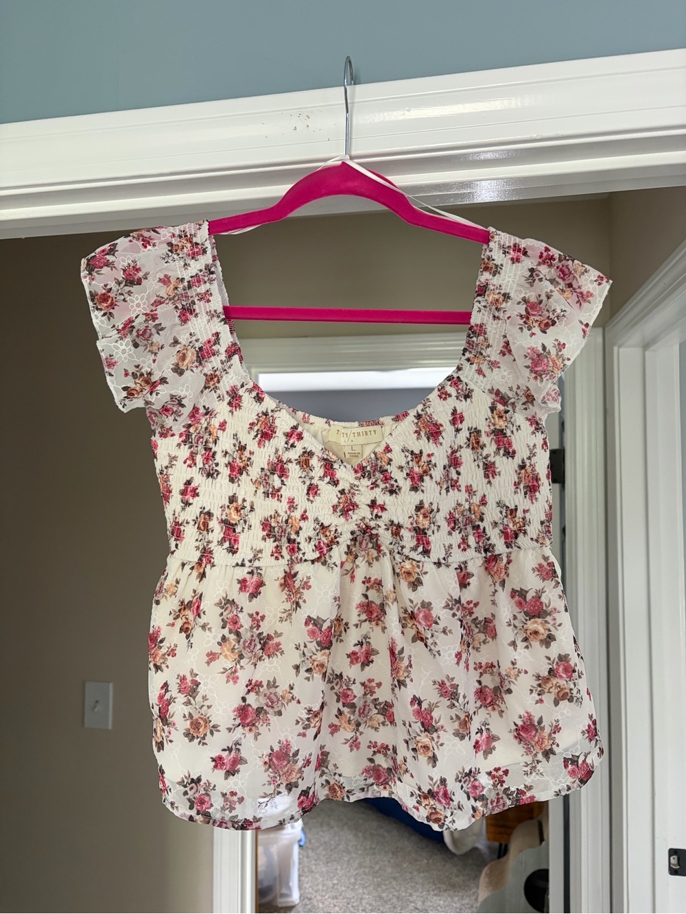 Floral Smocked White Crop Top with Ruffle Sleeves